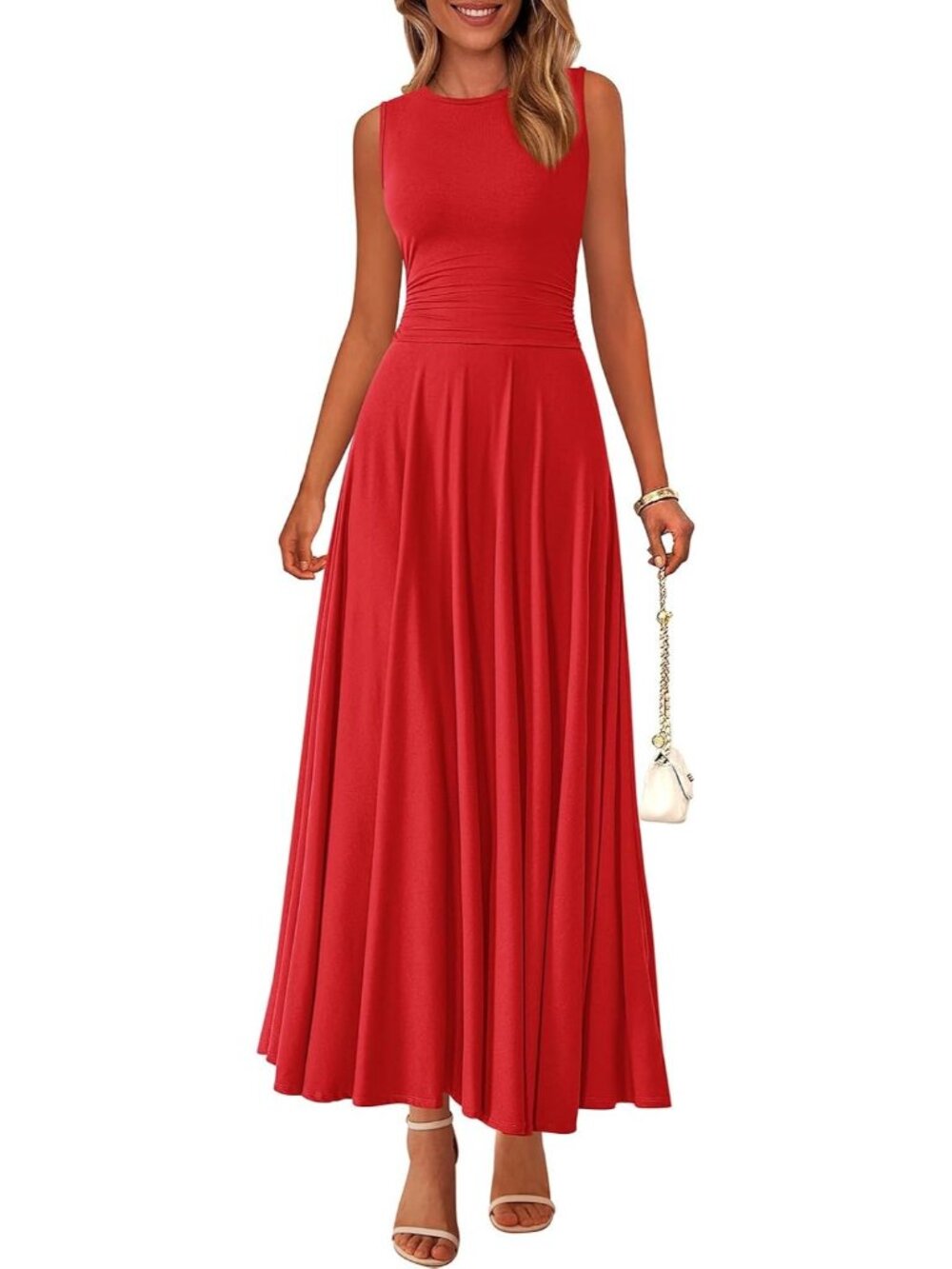Women's Red Crewneck High Waisted Casual Sleeveless 2026 Aline Maxi Dresses